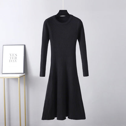 Fall Winter Slim Dress Women Mid Length Dress Round Neck Solid Color Inner Wear Base Sweater Dress A line Dress