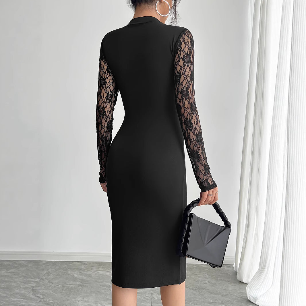 Lace Sleeve Mock Neck Cut Out High Split Bodycon Midi Dress