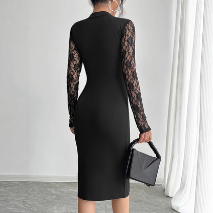Mock Neck Lace Panel Long Sleeve High Slit Bodycon Midi Dress