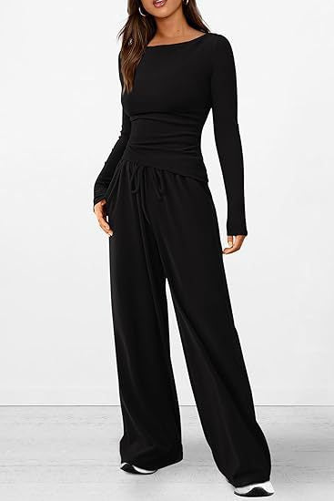 Autumn Casual Suit Asymmetric Long Sleeve T Shirt Wide Leg Pants Casual Wear Sportswear