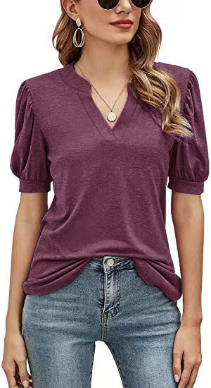 Top Summer Casual V neck Solid Color Puff Sleeve Loose T shirt Women