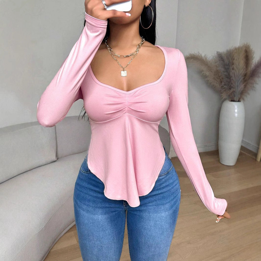 T shirt Pleated Ruffled Long Sleeve Top