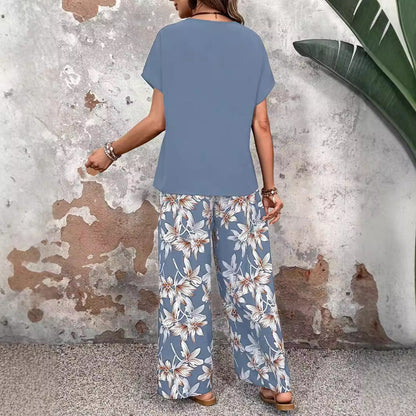 Summer Two Piece Suit Women All Matching Loose Pullover Printing Crew Neck Casual Suit Women