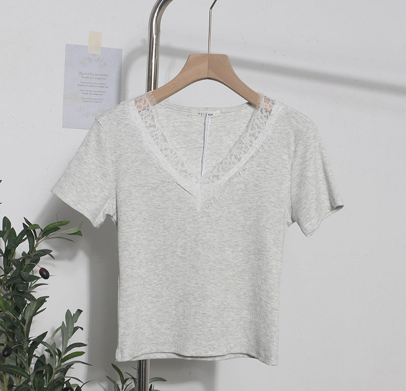 Summer Romantic Lace V neck Sexy T shirt Short Small Slim Short Sleeved Tops