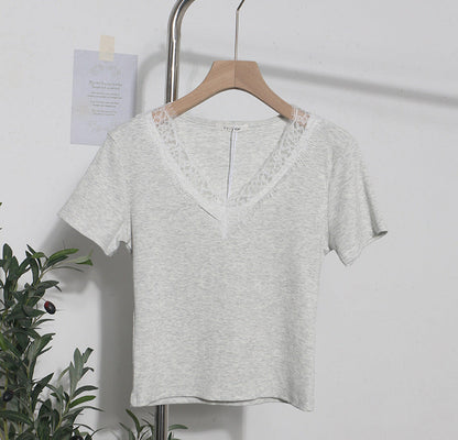 Summer Romantic Lace V neck Sexy T shirt Short Small Slim Short Sleeved Tops