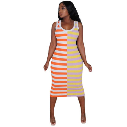 Summer Women Clothing Striped Printed round Neck Sleeveless Sexy Dress