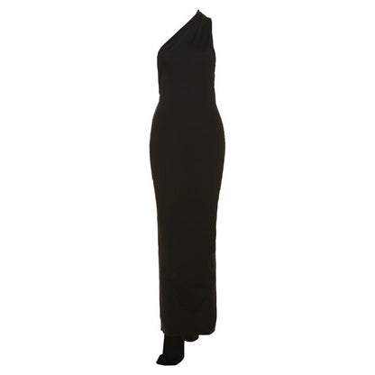One Shoulder Asymmetric Strap Metal Ring Open Back Ruched Train Maxi Dress