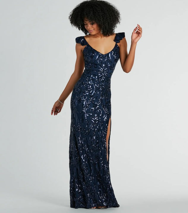 Sequin Lace Deep V-Neck Ruffle Strap High Split Maxi Gown