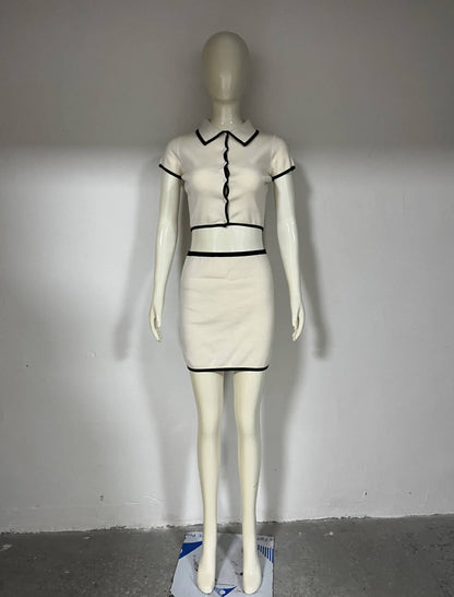 Summer Women Clothing Short Sleeve Black Contrast Color Trim Knitted Cardigan Sheath Skirt Outfit