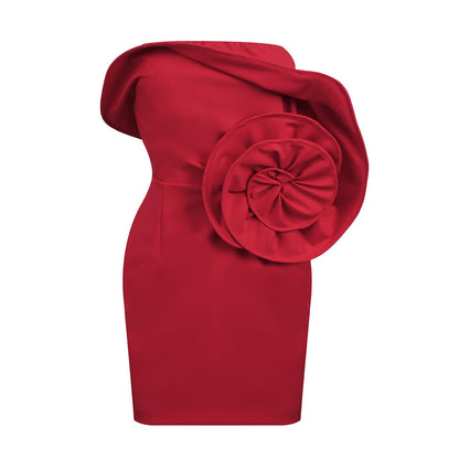 Summer Red Tube Top Floral Three Dimensional Hip Bag Dress Spicy Women Clothing