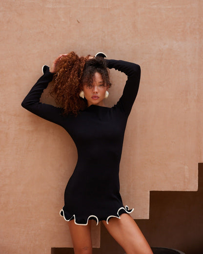 Wave Edge Dress Sexy Tight Wooden Ear Curling Knitted Dress Long Sleeve Ball Autumn Winter
