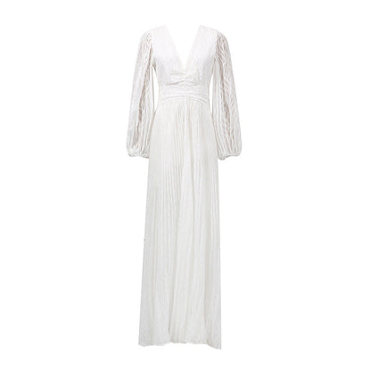 Deep V-Neck Puff Sleeve Pleated Waist Plissé Maxi Dress