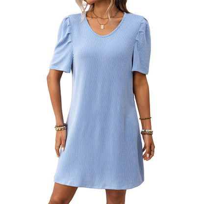 Summer Women Clothing Contrast Color Twist Strip Puff Sleeve Mid Length Dress