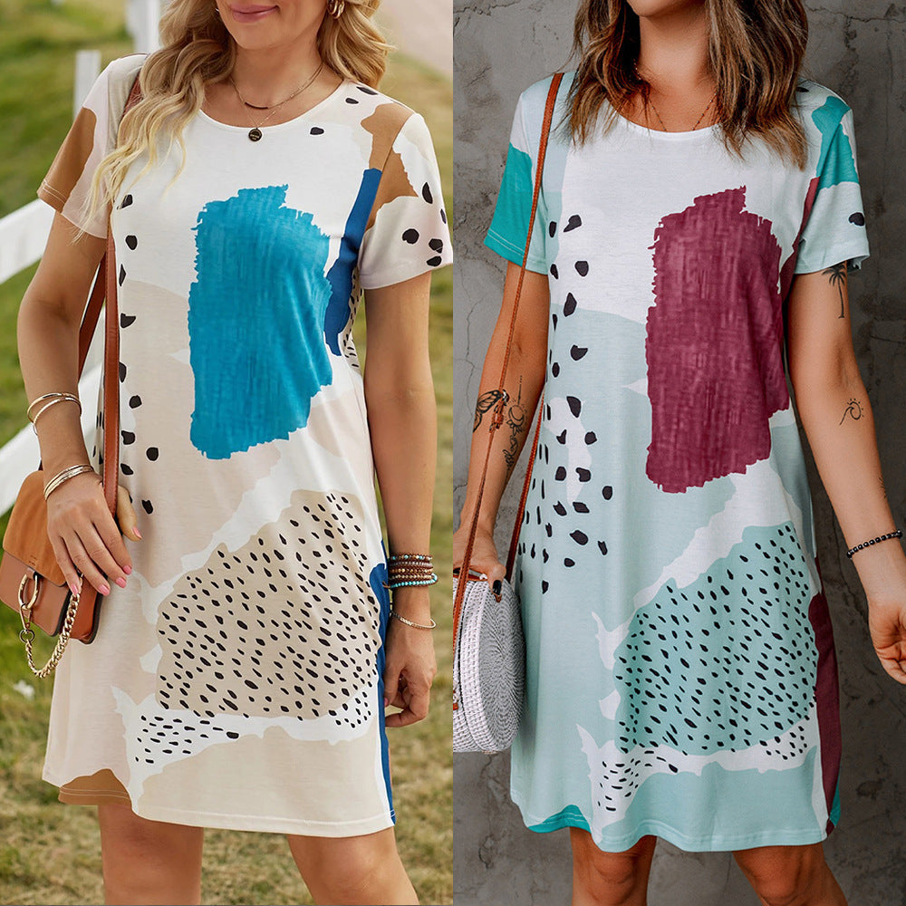 Summer Floral Print round Neck Short Sleeve Casual Dress Women