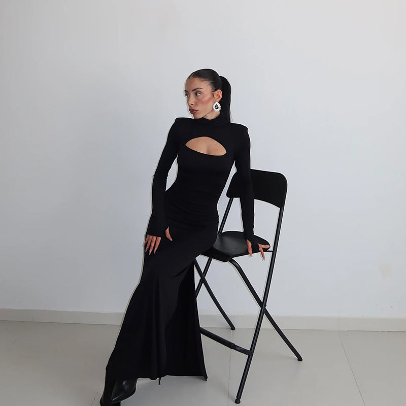Autumn Winter Chest Hollow Out Cutout out Long Sleeve Slim Fit Sexy Solid Color Dress Maxi Dress Women