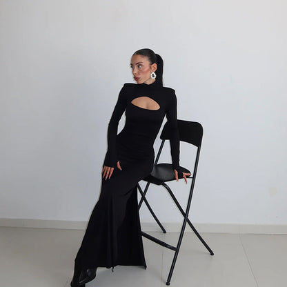 Autumn Winter Chest Hollow Out Cutout out Long Sleeve Slim Fit Sexy Solid Color Dress Maxi Dress Women