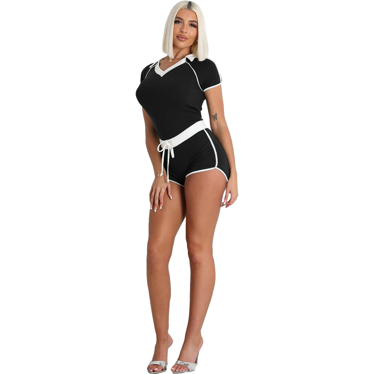 Supply Women Clothing Casual Sports High Elastic Yoga Fabric Layering V neck Two Piece Sets