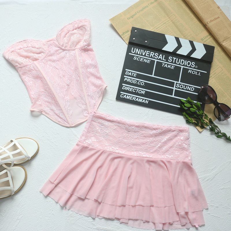 Sexy Pink Semi Transparent Lace Boning Corset Tube Top Short Vest Mini Ultra Short Double Layer Skirt Set for Women