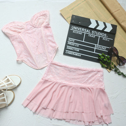 Sexy Pink Semi Transparent Lace Boning Corset Tube Top Short Vest Mini Ultra Short Double Layer Skirt Set for Women