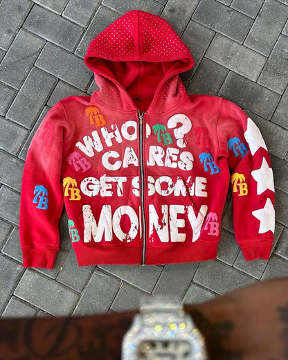 Retro Letter Print Y2K Loose Comfortable Zip Hoodie