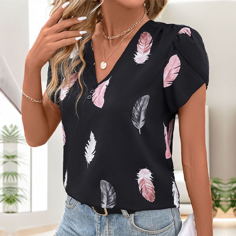 Top Personality V neck Puff Sleeve Feather Printed Shirt for Women