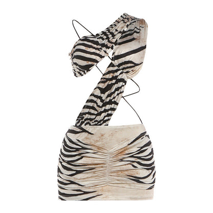 One Shoulder Zebra Print Cut Out Ruched Bodycon Mini Dress