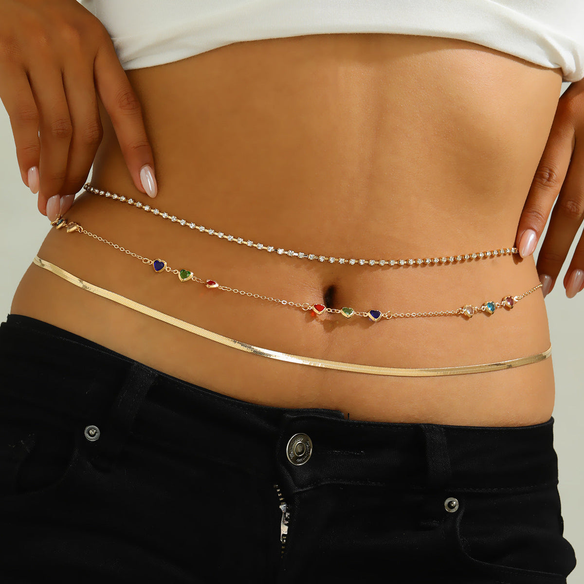 Layered Rhinestone Heart Color Waist Chain Set
