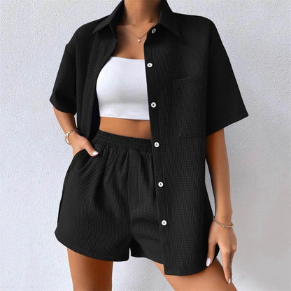 Summer Suit Women Women Loose Casual Short Sleeved Shirt Elastic Waist Shorts Two Piece Set Women