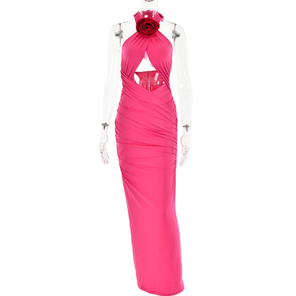 Halter Neck Rosette Applique Ruched Keyhole Cutout Bodycon Maxi Dress