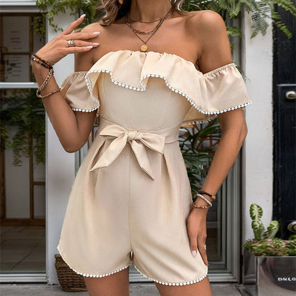 Summer Women off Shoulder Ruffled Solid Color Jumpsuit