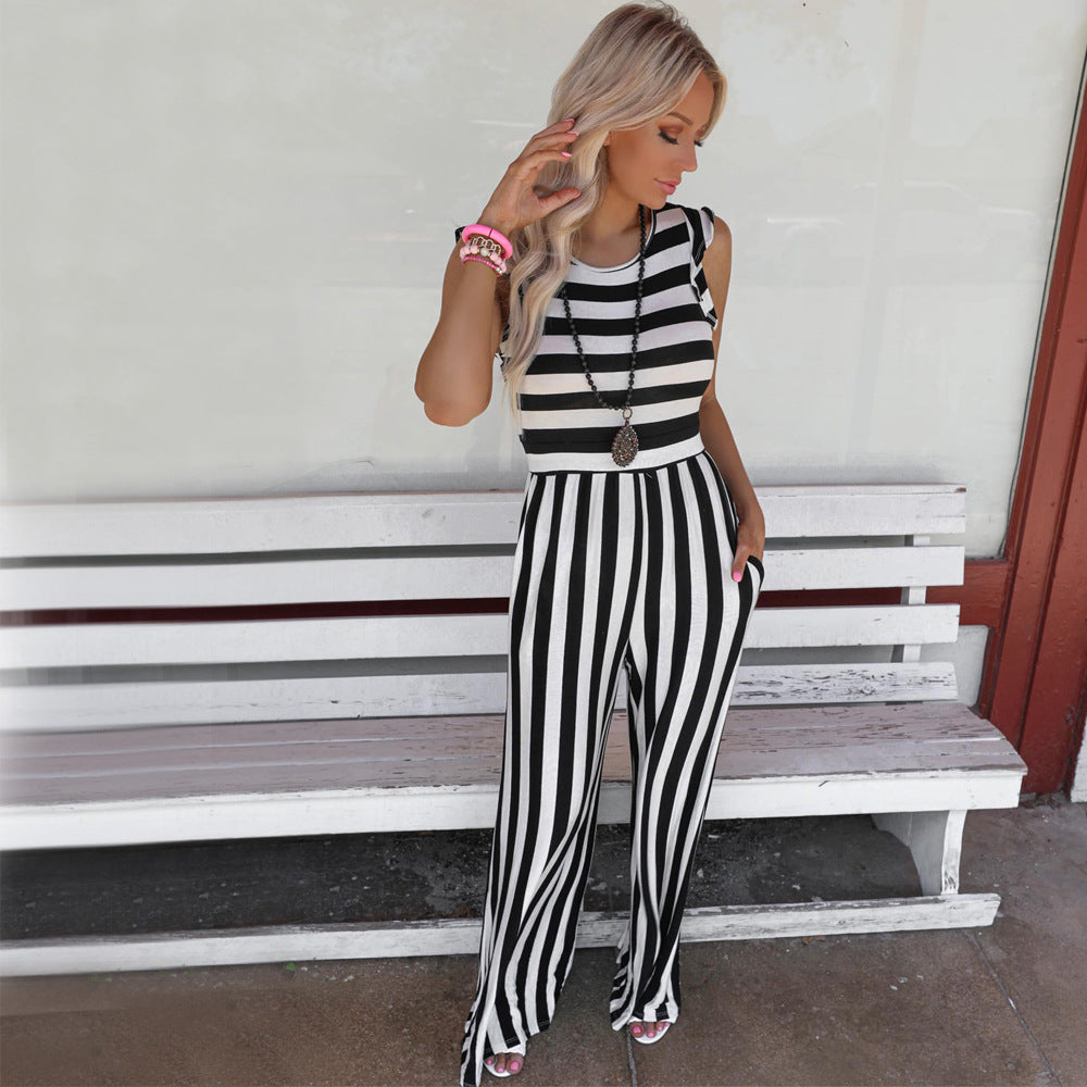 Summer Striped Round Neck Sleeveless Casual Jumpsuit Women