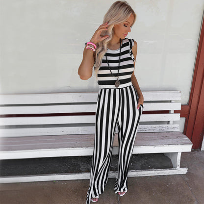 Summer Striped Round Neck Sleeveless Casual Jumpsuit Women