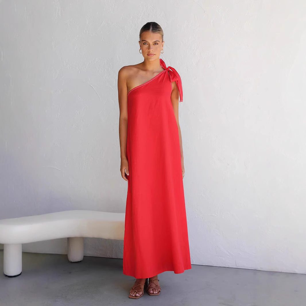Summer Halter One Shoulder Lace up Elegant Solid Color Maxi Dress Dress Women