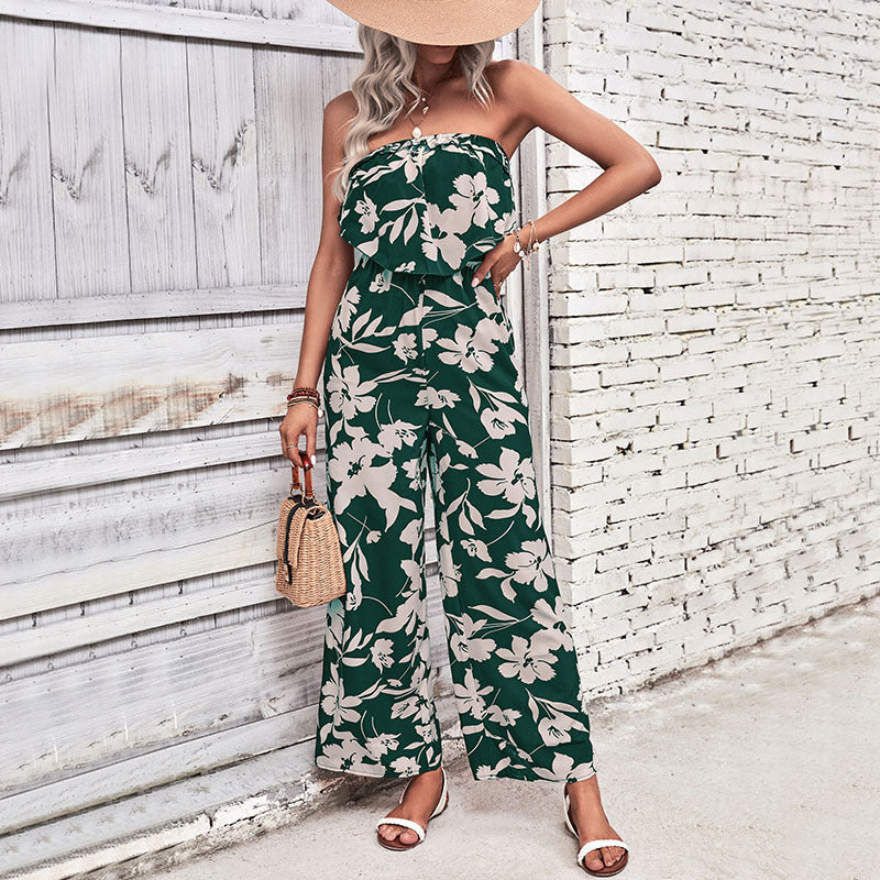 Summer Women Clothing Printed Tight Red Jumpsuit