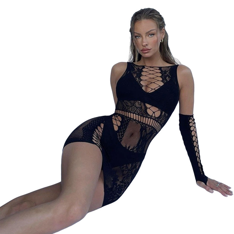 Summer Women Clothing Nightclub Sexy Hollow Out Cutout Sexy Jacquard Fishnet Clothes Slim-Fit Sheath Dress Opera Glove