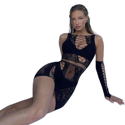 Summer Women Clothing Nightclub Sexy Hollow Out Cutout Sexy Jacquard Fishnet Clothes Slim-Fit Sheath Dress Opera Glove