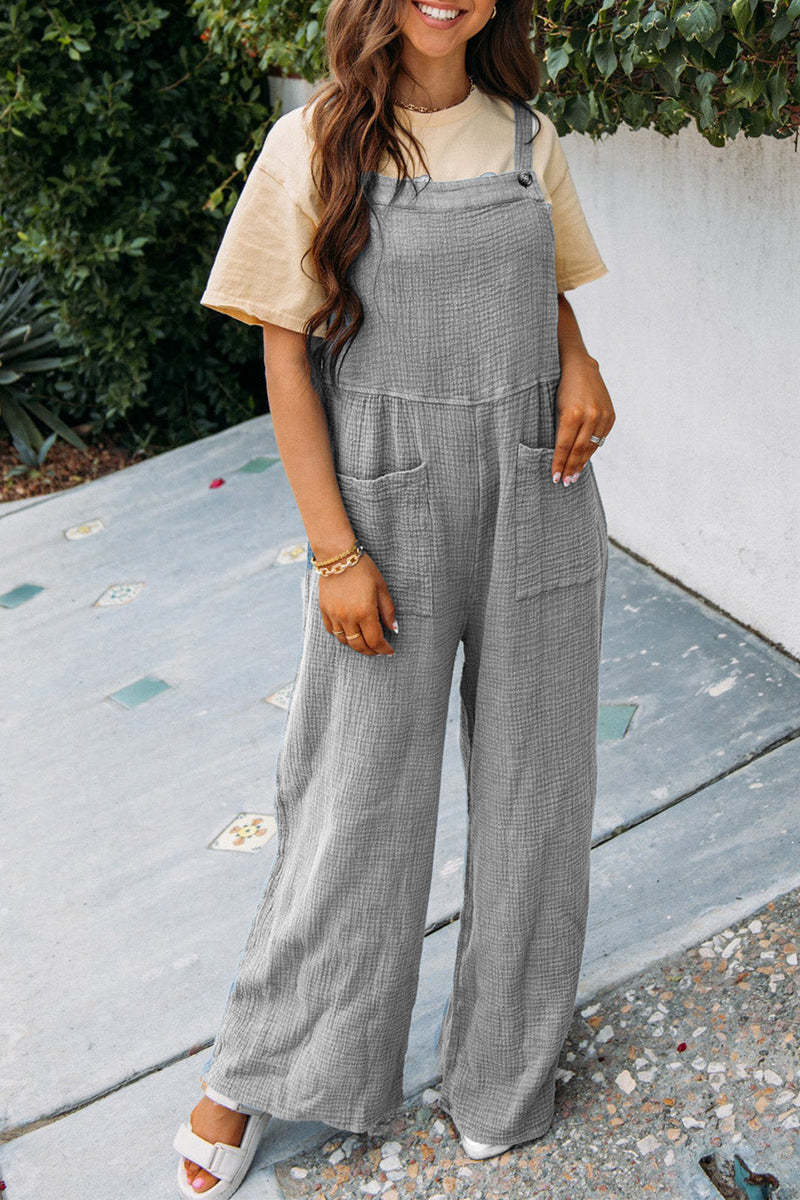 Summer Women Casual Solid Color Pocket Square Collar Loose Overalls