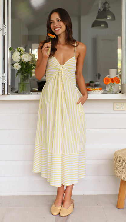 Summer Women Clothing V neck Striped Spaghetti Straps Dress