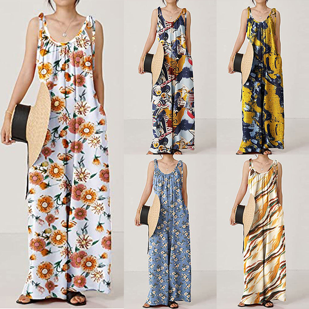 Summer Women Clothing Printed Sling Loose Casual Jumpsuit