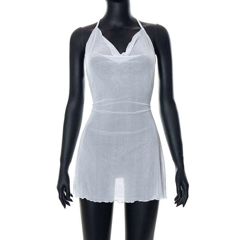 Summer Solid Color Pullover Strap Halter Cropped Outfit Micro Transparent Casual Women Short