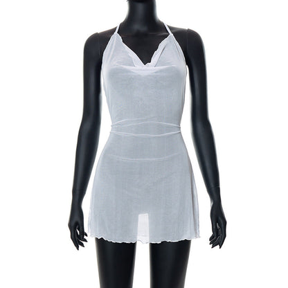Summer Solid Color Pullover Strap Halter Cropped Outfit Micro Transparent Casual Women Short