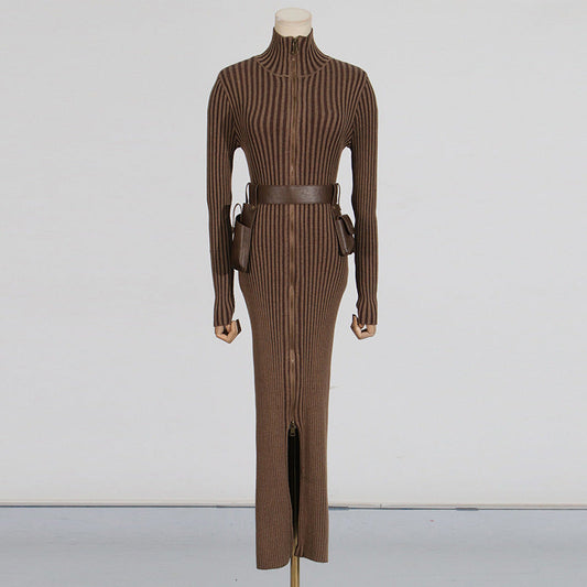 Long Dress Autumn Pocket Belt Design Waist Tight Slimming Knitted Dress Women