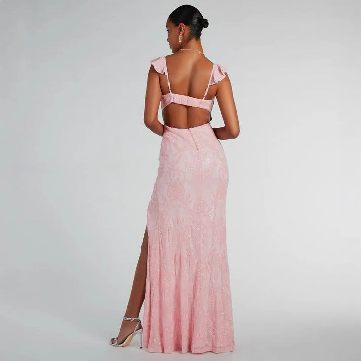 Sequin Beaded Floral Flutter Strap Deep V-Neck High Slit Maxi Gown