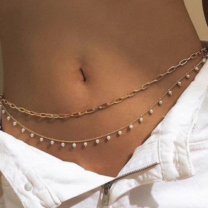 Faux Pearl Tassel Double Layer Cross Waist Chain