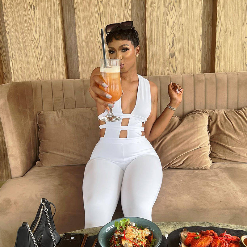 Summer Solid Color Trousers Hollow Out Cutout out Stitching High Waist Slimming Hip Raise Casual Jumpsuit