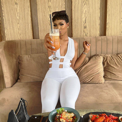 Summer Solid Color Trousers Hollow Out Cutout out Stitching High Waist Slimming Hip Raise Casual Jumpsuit