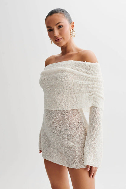 Sheer Knit Off-Shoulder Long Sleeve Mini Dress