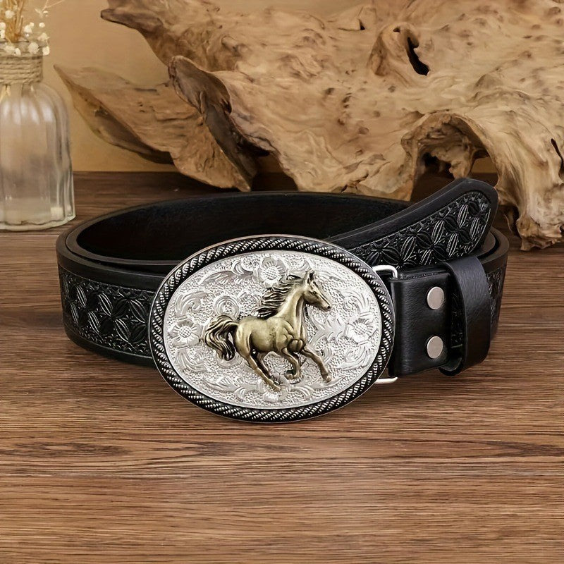 Vintage Horse Buckle Faux Leather Belt