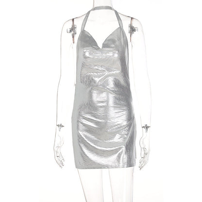 Chainmail Halter Cowl Neck High Slit Belted Mini Dress