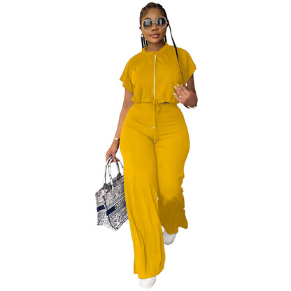 Summer Drawstring Short Top High Waist Slit Women Trousers Two Piece Suit